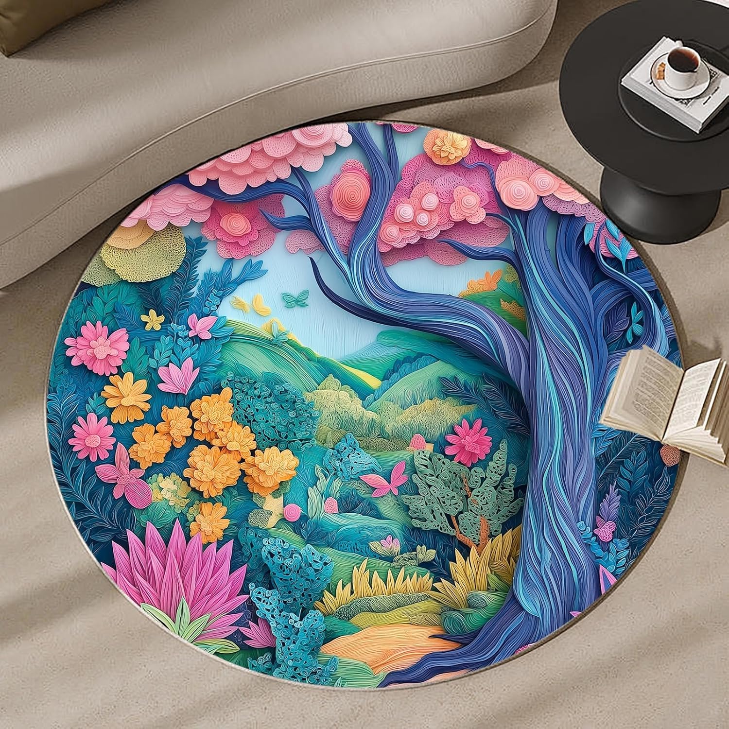 Fantasy Round Art Rug – Colorful Forest Design Decorative Carpet for Living Room, Bedroom & Study