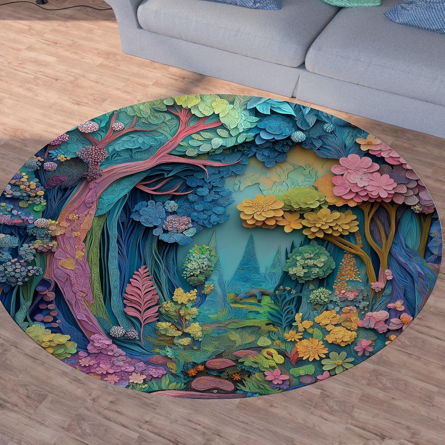 Enchanted Forest Round Art Rug– Colorful 3D Floral Fantasy Carpet for Living Room & Bedroom