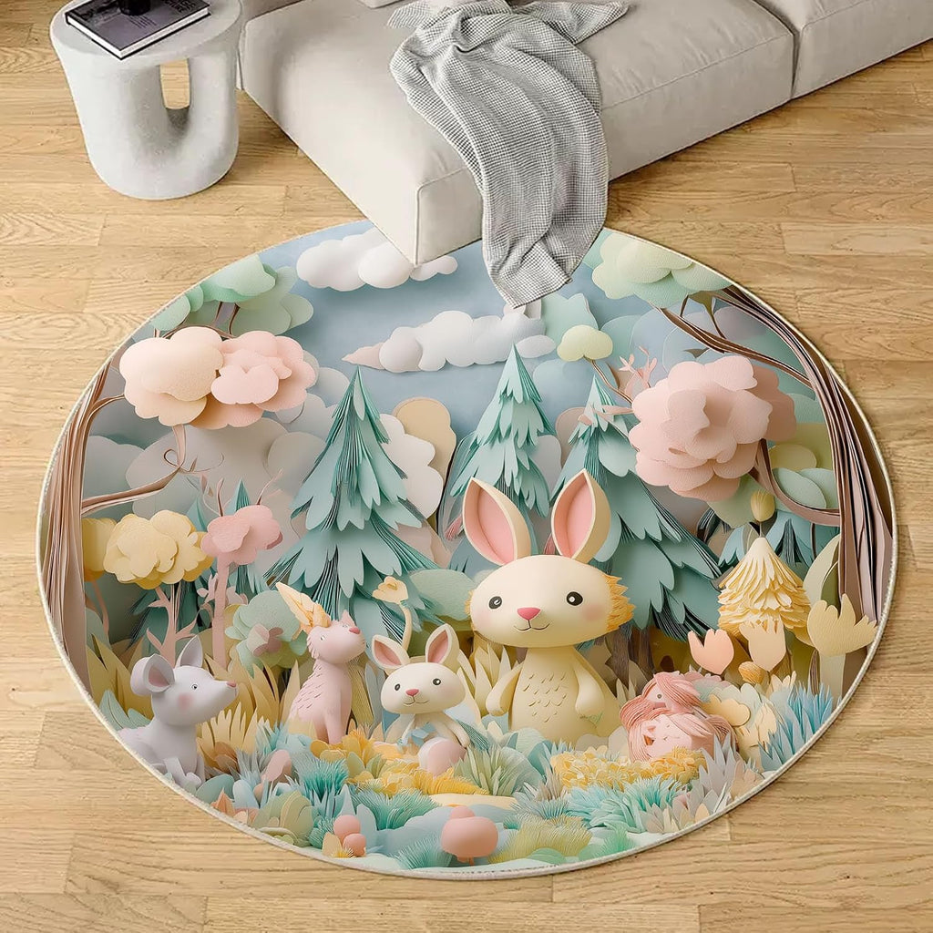 Round Cartoon Forest Animal Rug – Cute Bunny and Woodland Friends Design, Cozy Carpet for Living Room & Bedroom
