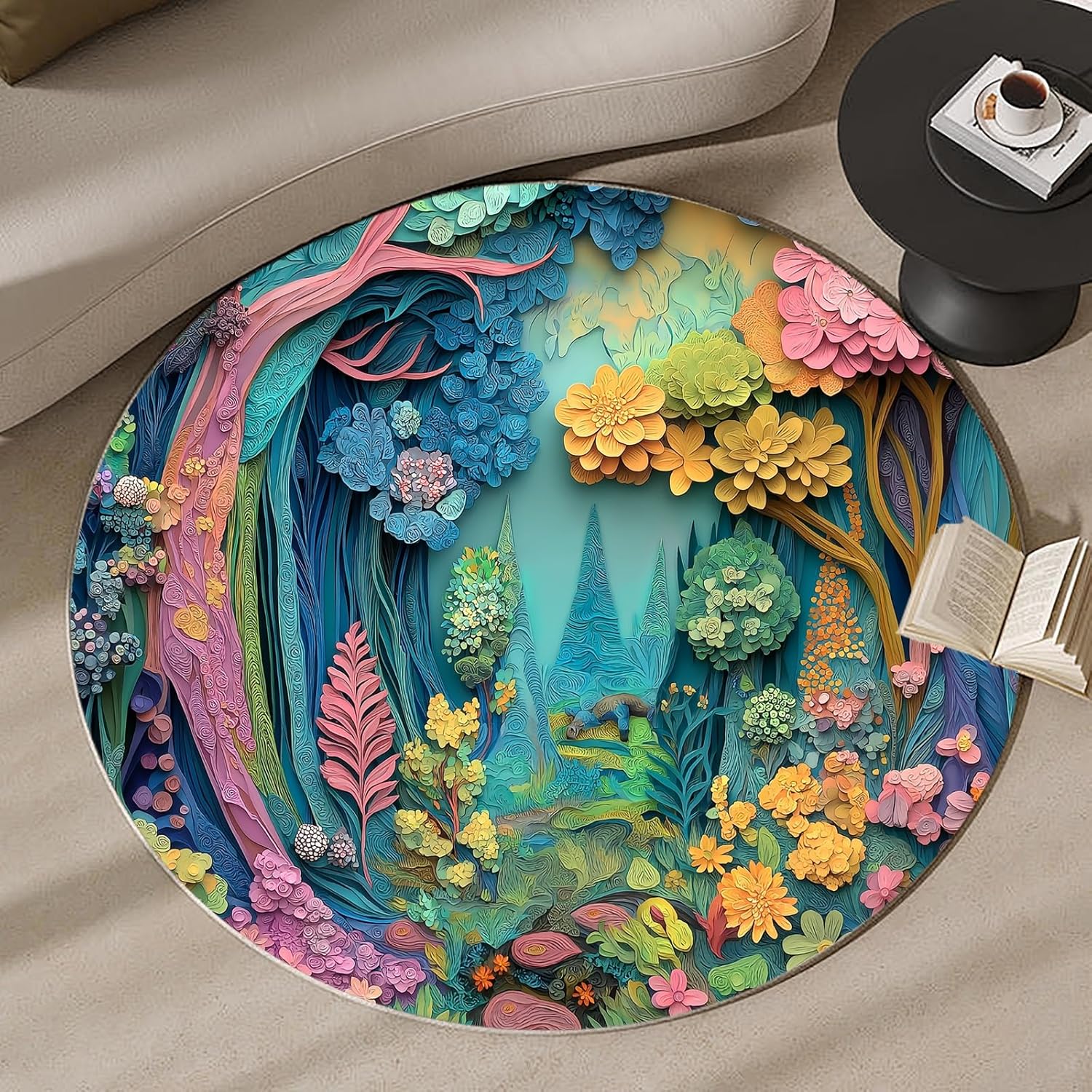 Enchanted Forest Round Art Rug– Colorful 3D Floral Fantasy Carpet for Living Room & Bedroom