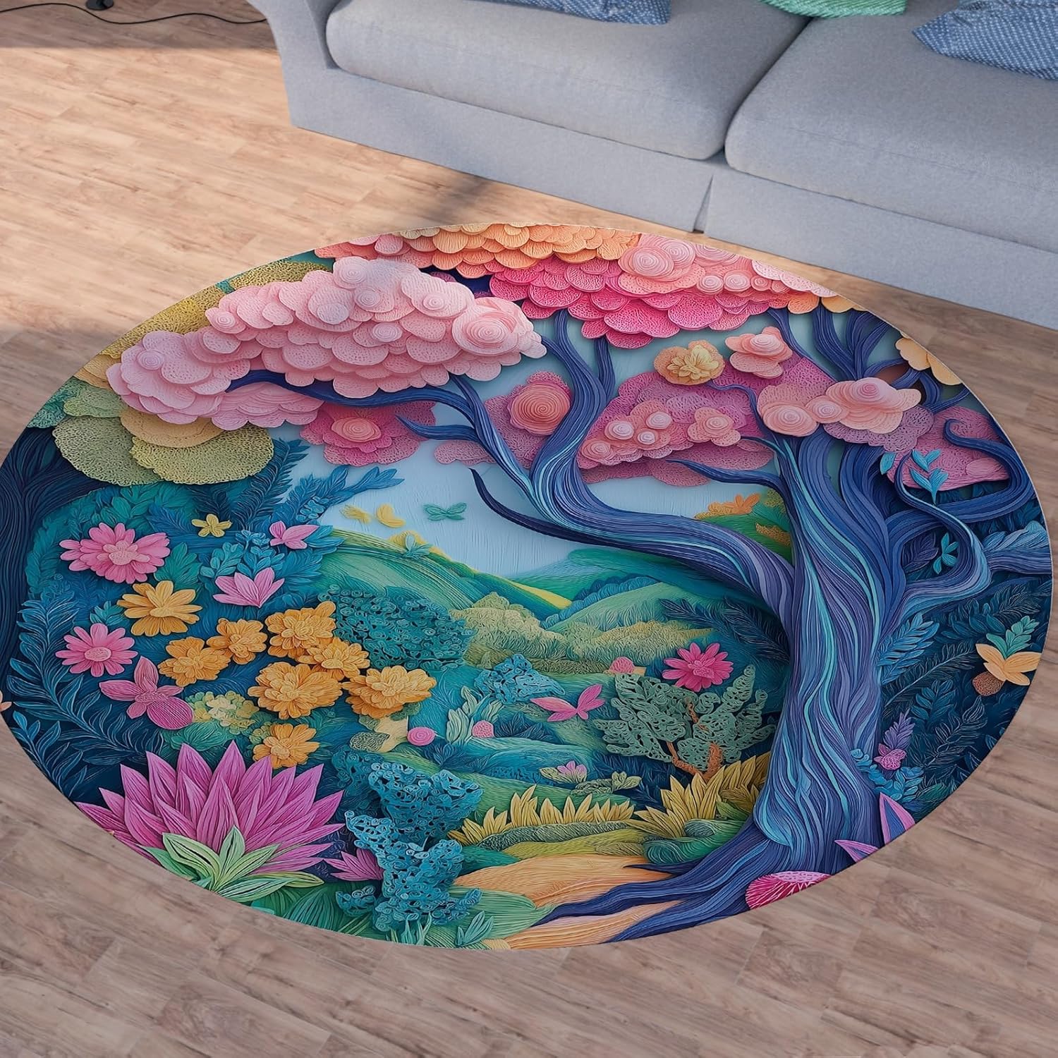 Fantasy Round Art Rug – Colorful Forest Design Decorative Carpet for Living Room, Bedroom & Study