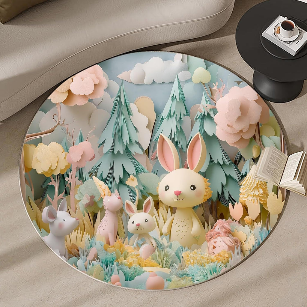 Round Cartoon Forest Animal Rug – Cute Bunny and Woodland Friends Design, Cozy Carpet for Living Room & Bedroom