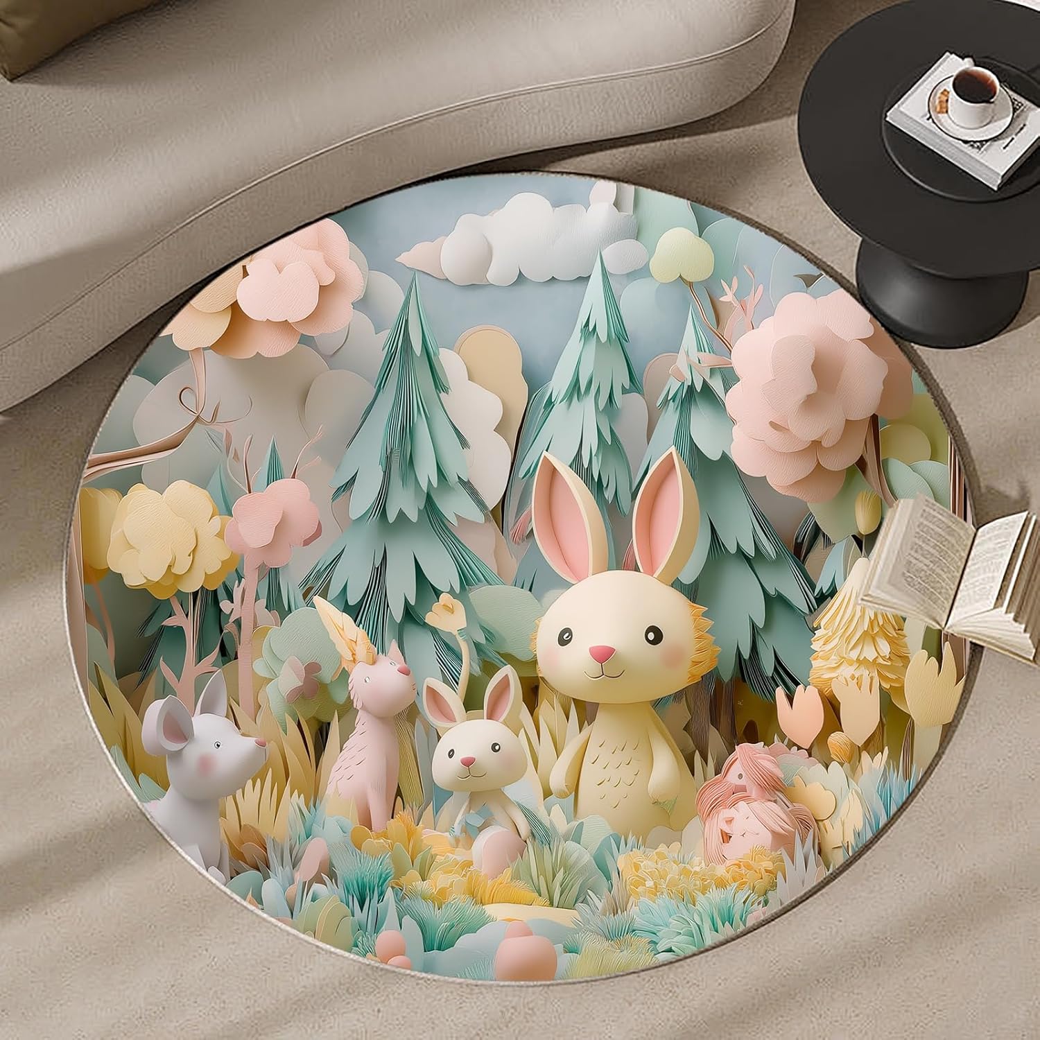 Round Cartoon Forest Animal Rug – Cute Bunny and Woodland Friends Design, Cozy Carpet for Living Room & Bedroom
