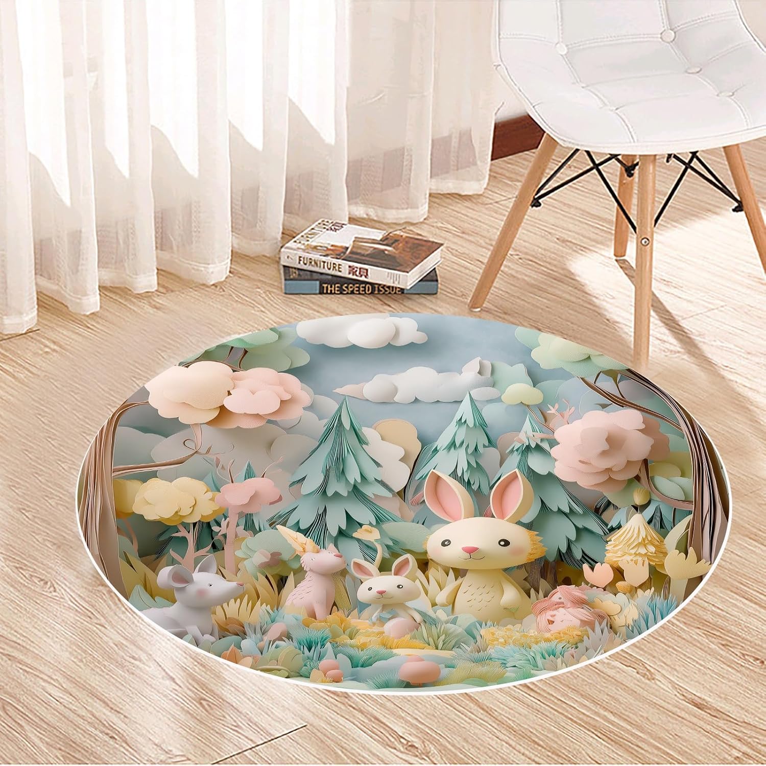 Round Cartoon Forest Animal Rug – Cute Bunny and Woodland Friends Design, Cozy Carpet for Living Room & Bedroom