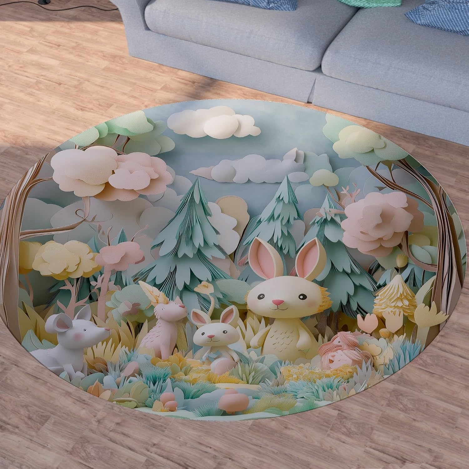 Round Cartoon Forest Animal Rug – Cute Bunny and Woodland Friends Design, Cozy Carpet for Living Room & Bedroom