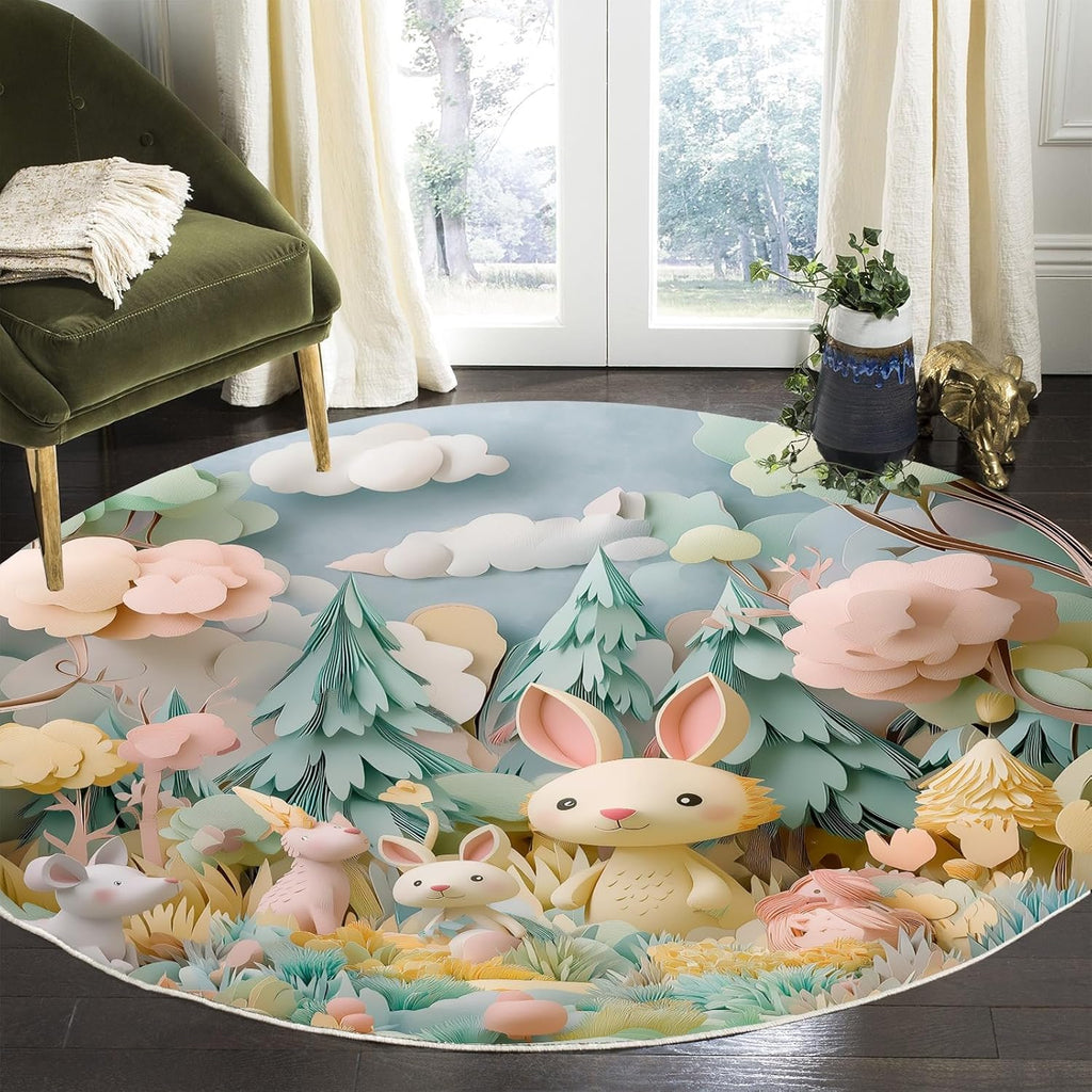 Round Cartoon Forest Animal Rug – Cute Bunny and Woodland Friends Design, Cozy Carpet for Living Room & Bedroom