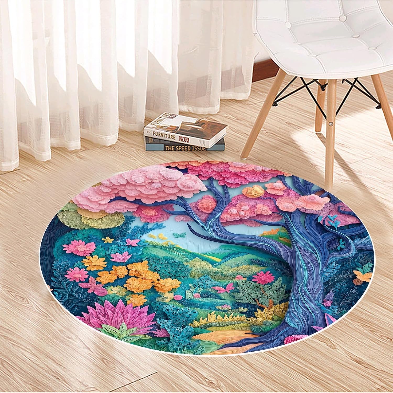 Fantasy Round Art Rug – Colorful Forest Design Decorative Carpet for Living Room, Bedroom & Study