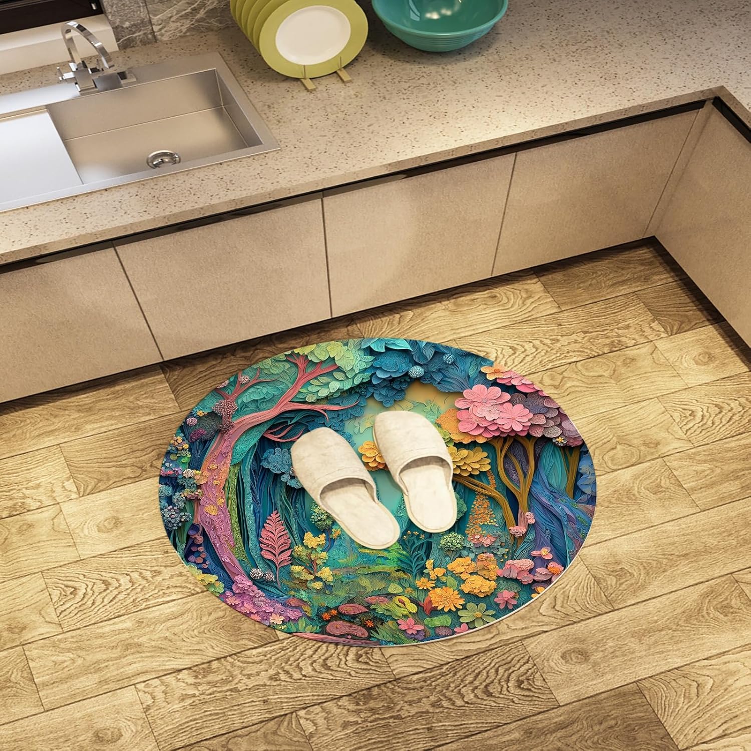 Enchanted Forest Round Art Rug– Colorful 3D Floral Fantasy Carpet for Living Room & Bedroom