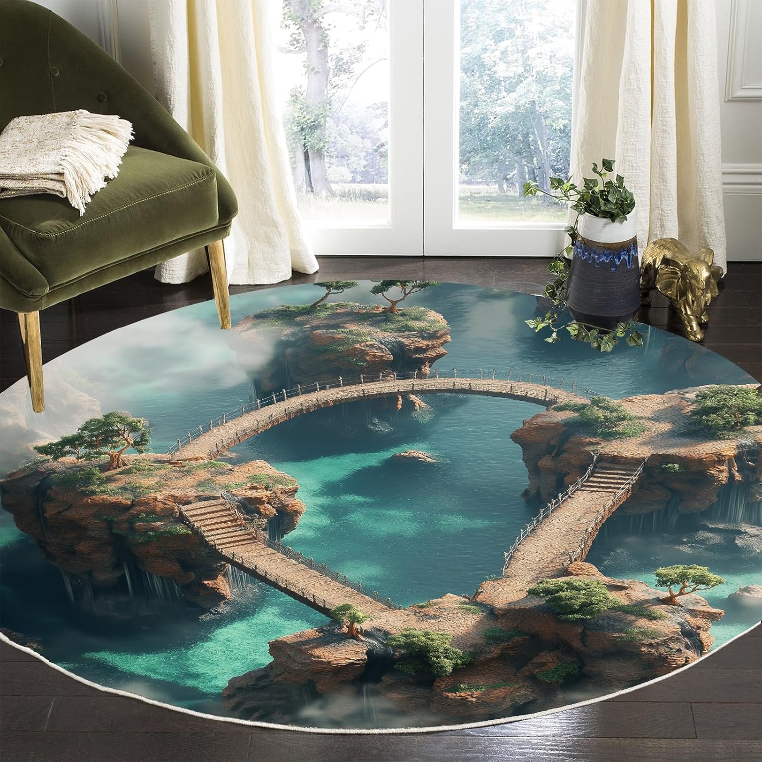 Product Title: Fantasy Bridge Landscape Round Rug – Decorative Carpet for Living Room & Bedroom