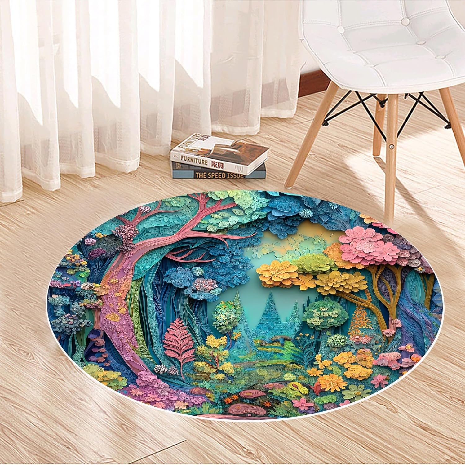 Enchanted Forest Round Art Rug– Colorful 3D Floral Fantasy Carpet for Living Room & Bedroom