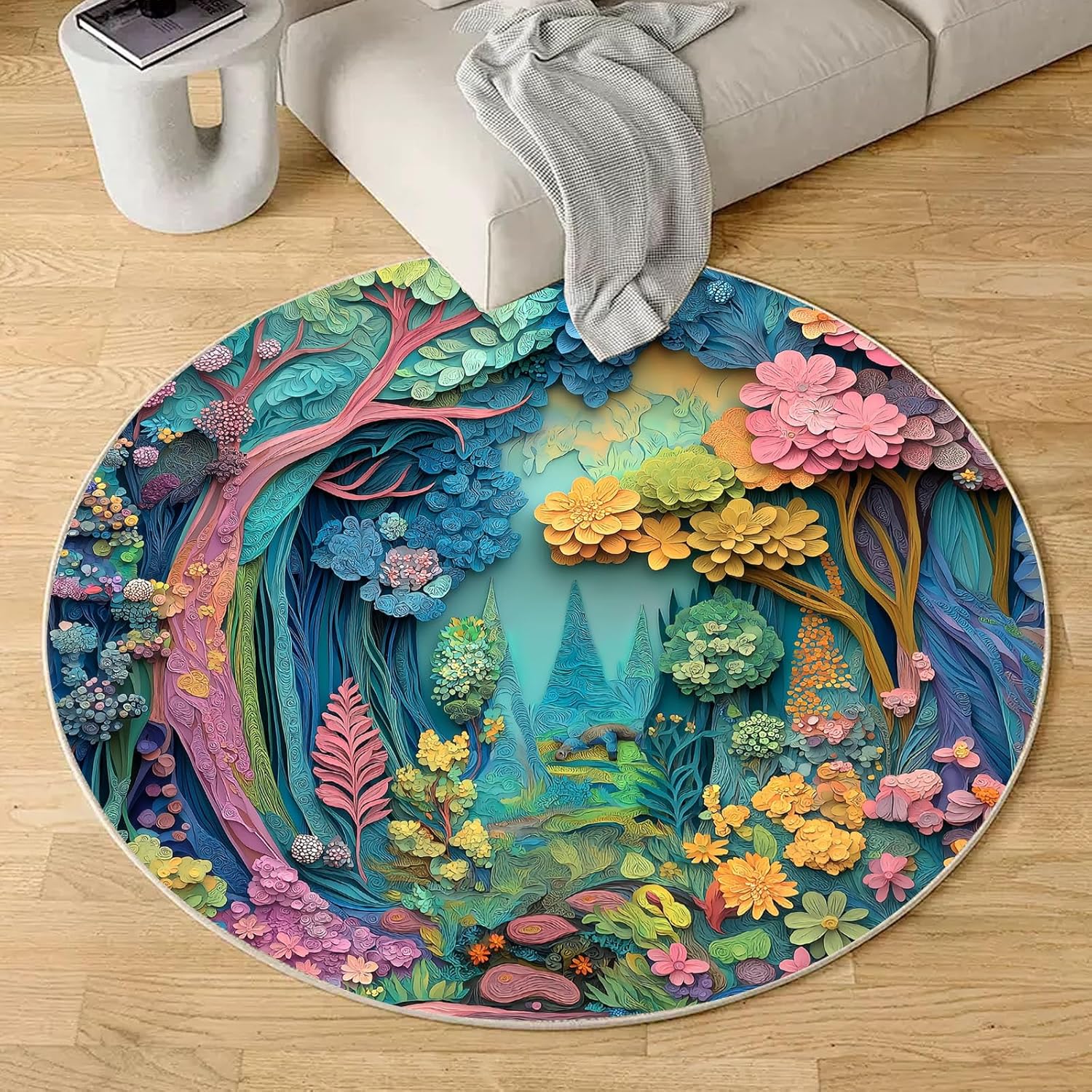 Enchanted Forest Round Art Rug– Colorful 3D Floral Fantasy Carpet for Living Room & Bedroom