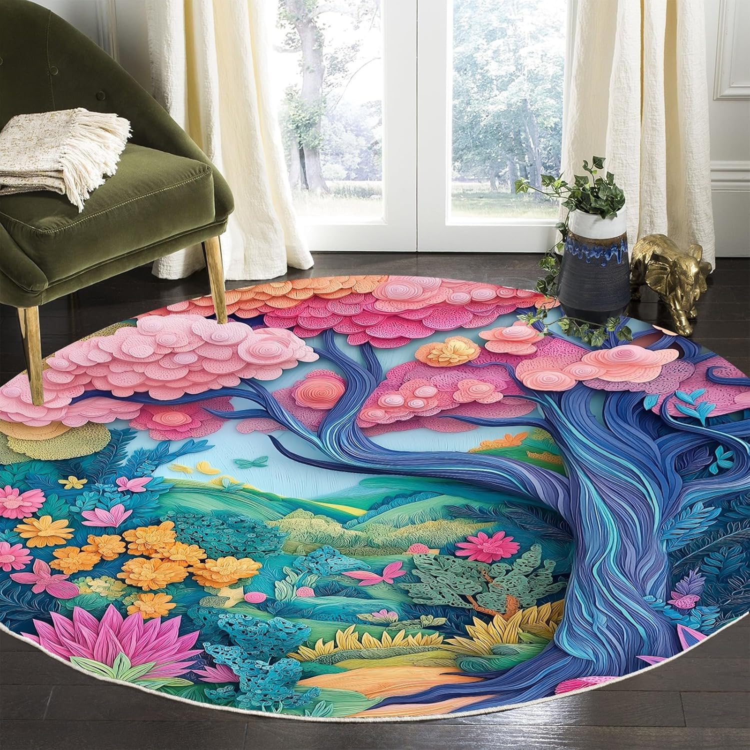 Fantasy Round Art Rug – Colorful Forest Design Decorative Carpet for Living Room, Bedroom & Study
